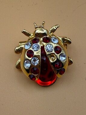 Gold Tone Ladybug Brooch with Red and Clear Stones